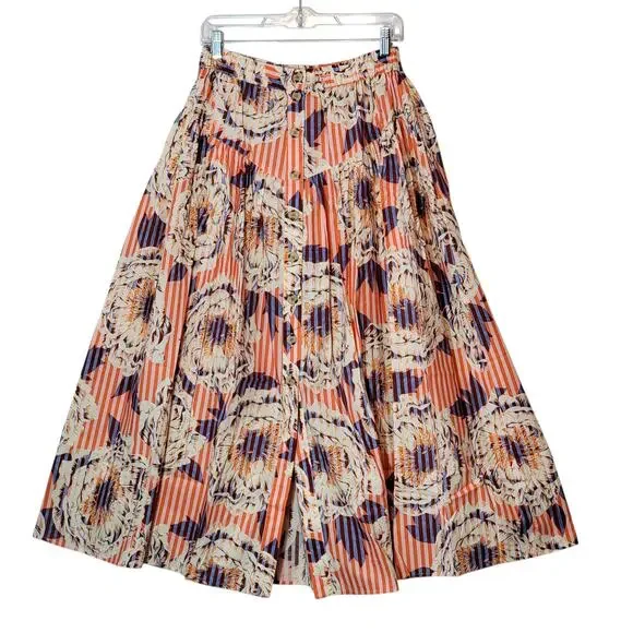 Anthropologie Stripe Floral Button Front A-Line Midi Skirt Cotton Red Blue S - Picture 6 of 15
